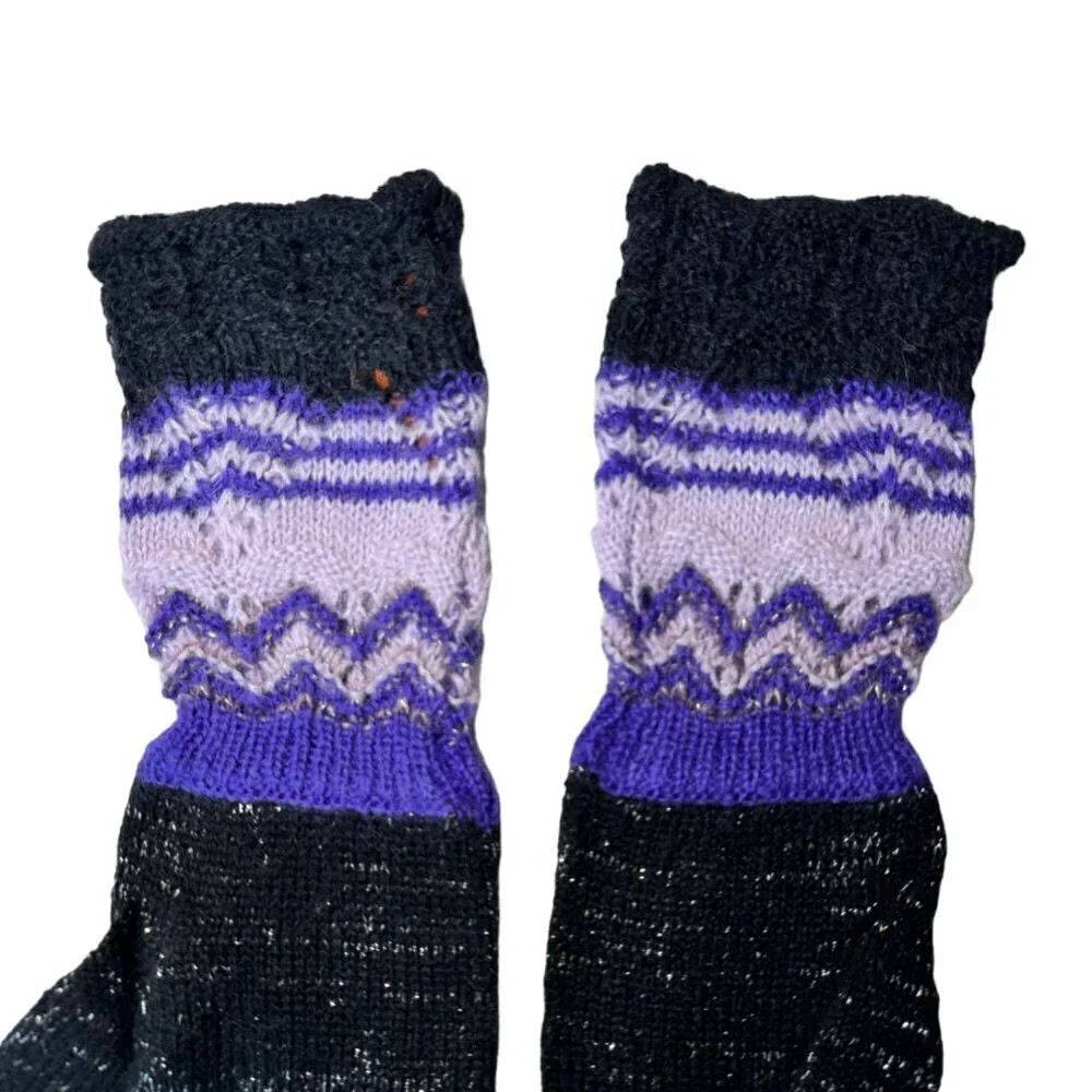 New Missoni Gloves Knit Wool Black Long Purple Cuff Winter Accessories Boho